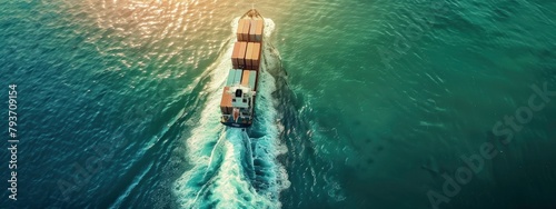 Aerial view of cargo ship with containers sailing in the sea, container transport and global business concept.