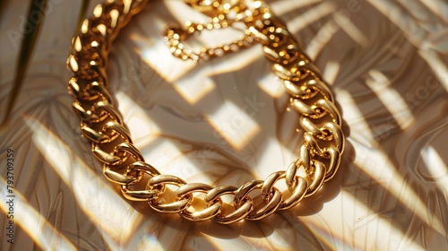 A luxurious 18k golden with stainless steel 316L cuban chain link necklace rests upon a background capturing the essence of wealth, style and elegance. Great as product design inspiration