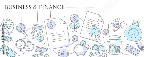 Business and finance, vector banner with monetary icons. Dollar and euro sign, piggy bank, currency exchange, money bag, banknotes, calculator. For advertisement, header, website, poster