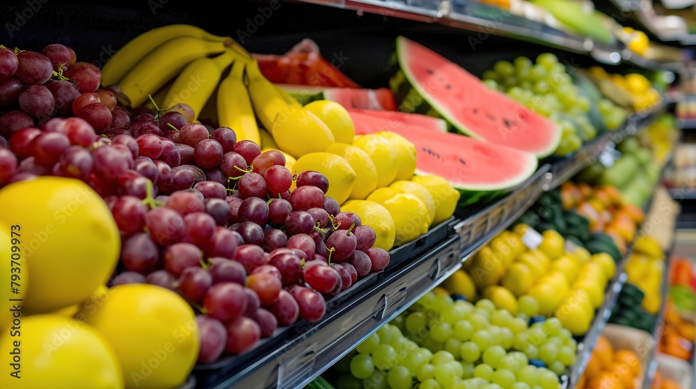 fresh fruit on display in a fruit shop or supermarket