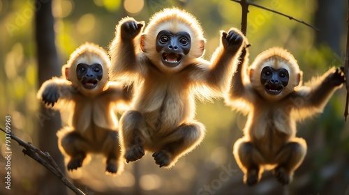 A lively group of monkeys hang from a tree branch, swinging and playing joyfully photo