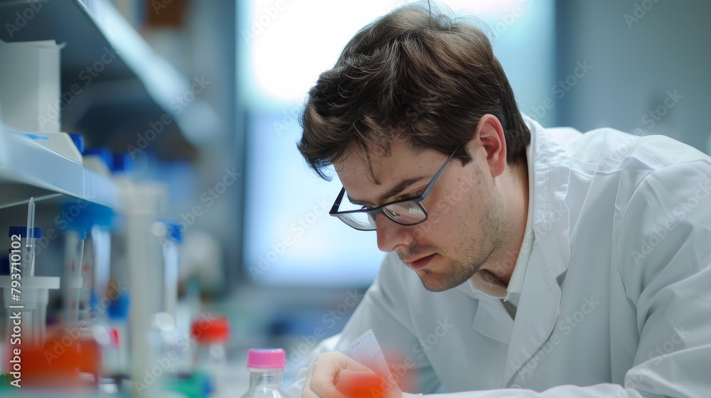 Medical researcher in a clinical lab, dedicated, conducting a medical trial, concentration and care shown, styled with a clean, uncluttered background.