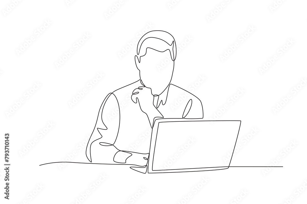 Business man is thinking about work. Business person with laptop concept one-line drawing Business man is thinking about work. Business person with laptop concept one-line drawing