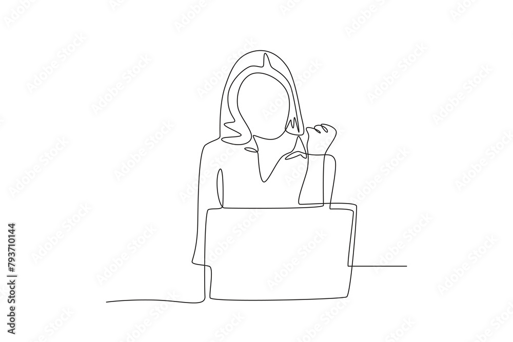 Business woman is happy. Business person with laptop concept one-line drawing