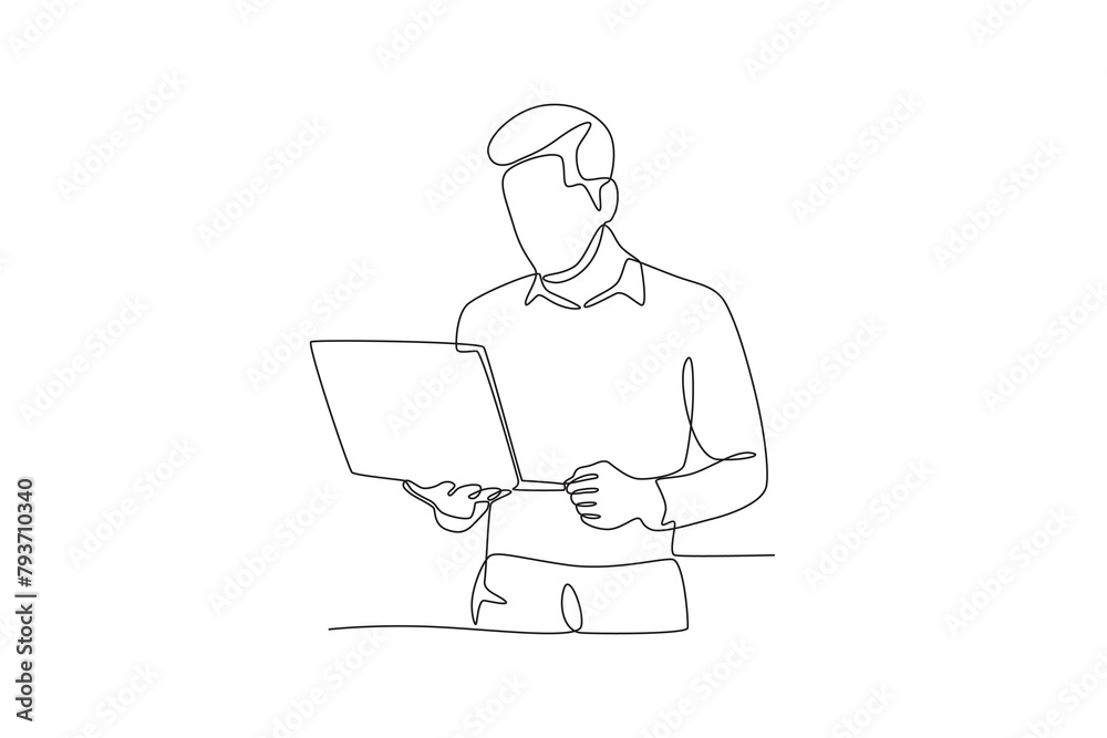 Business man standing while holding laptop. Business person with laptop concept one-line drawing