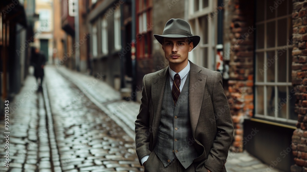 A dapper young man striding confidently down a cobblestone alley, his tailored suit and classic fedora hat exuding an air of old-world sophistication and debonair charm.