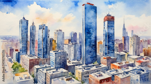 Aerial view of skyscraper building in the central city, watercolor painting style, generative AI.