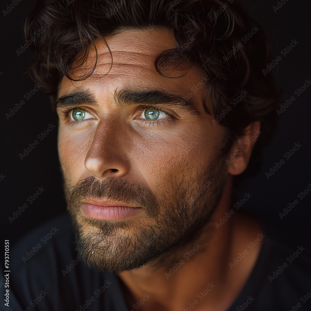 Obraz premium Close-Up Portrait of Handsome, Charming Man with Dark Hair and Light Eyes, Set Against a Dark Background, Striking and Captivating Features, Intense and Alluring Expression, Mysterious Appearance.
