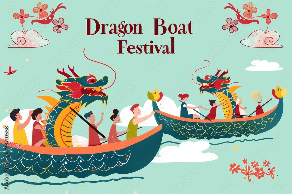 cartoon of two dragon head themed boats racing on the water, people rowing in colourful outfits and flowers, text Dragon Boat Festival on background.