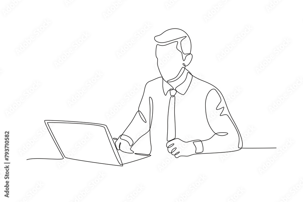 Excited business man in front of laptop. Business person with laptop concept one-line drawing Excited business man in front of laptop. Business person with laptop concept one-line drawing