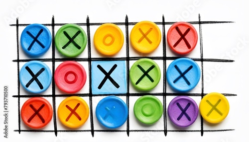 Photo grunge hand drawing, scribble hatching, colorful tic tac toe XO game, wax pastel, crayon isolated on white, clipping path photo