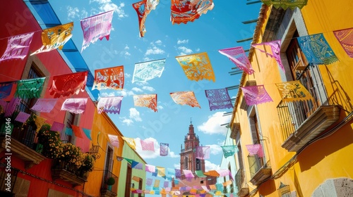 colourful paper art flag over the street on sunny day with vibrant building on background