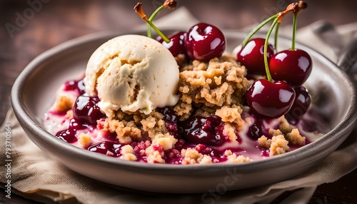 Crumble with cherry and vanilla ice cream.
 photo