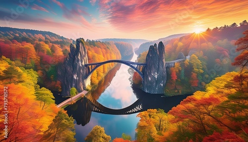 "Autumn Majesty: Rakotzbrucke Devil's Bridge in Kromlau's Landscape"
