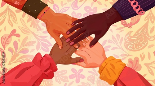Closeup of hands of different ethnicities together, forming a circle, symbolizing unity and peace across cultures, with a soft, hopeful background