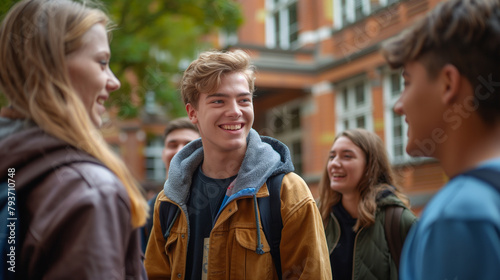 Happy Young Man in Yellow Jacket Laughing with Friends in Front of University Campus, Vibrant College Life, Socializing and Enjoyment Amongst Students in Campus Setting.