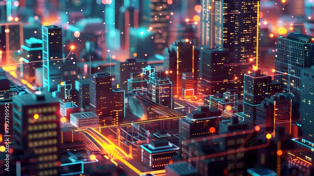 Conceptual visualization of an AI-driven smart city network, with interconnected infrastructure and real-time data analytics for urban management
