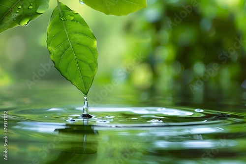 A drop of rain falls on a green leaf into water.
