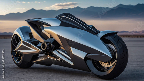Sleek futuristic motorcycle design concept on desert road  embodying innovation  speed  and cutting-edge automotive style