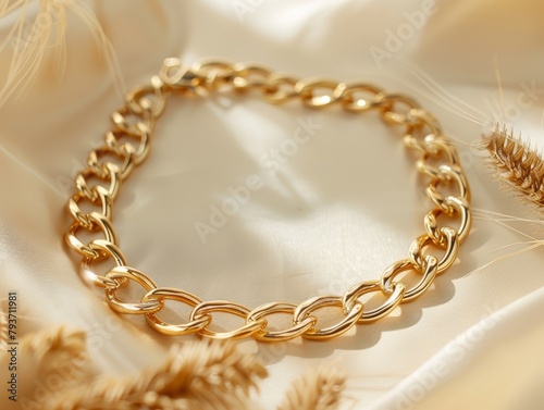 A luxurious 18k golden with stainless steel 316L cuban chain link necklace rests upon a background capturing the essence of wealth, style and elegance. Great as product design inspiration photo