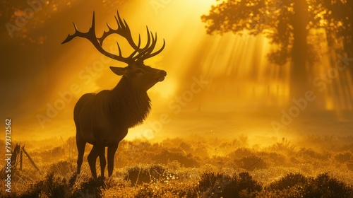 silhouette of red deer stag at dawn, orange sky © pvl0707