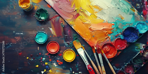 A colorful palette of paint and brushes on an artist's table,  creativity in art or design.  photo