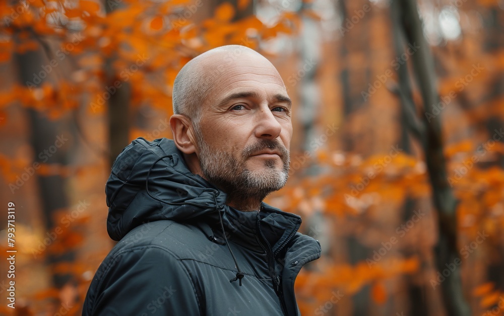 A bald man in a black jacket standing in front of a dense forest A bald man in a black jacket standing in front of a dense forest