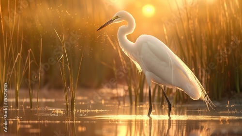 A painting of a great white egret standing in a marsh at sunset. The egret is white with a long, pointed beak and black legs. 