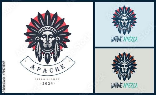 Apache indian aztec native american warrior tribes face head logo template design