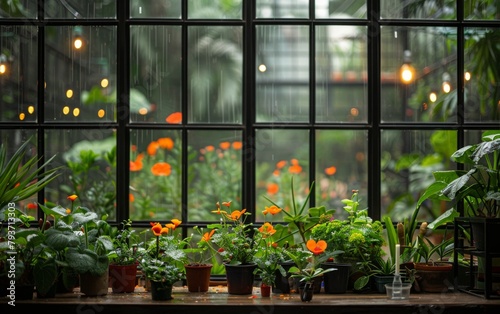 Several potted plants neatly arranged on a window sill in a greenhouse