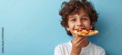Charming child enjoying yummy pizza on soft colored background with room for text