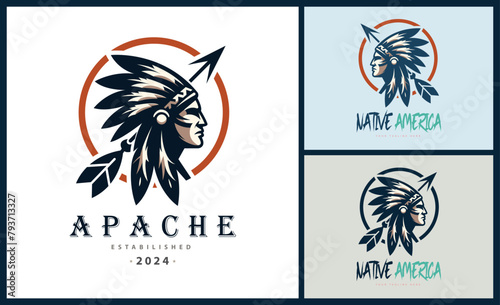 Apache indian aztec native american warrior tribes face head logo template design