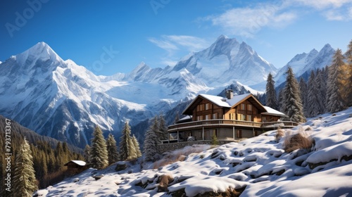 A cozy house nestled in snow-covered mountains