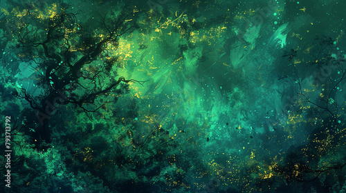 Fluid art capturing the mystical aura of a forest at twilight  with shades of green and blue  highlighted by ethereal gold. Enchanting and deep.