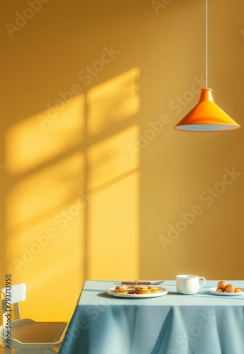 minimal illustration of an interior  dining room with a bright yellow wall, light orange pendant lamp, 1970s mood, a table set with breakfast  and a chair