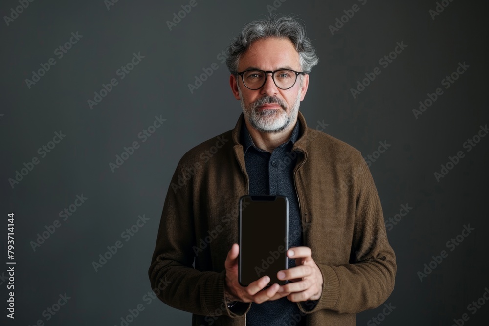 App mockup caucasian man in his 40s holding an smartphone with a fully black screen App mockup caucasian man in his 40s holding an smartphone with a fully black screen