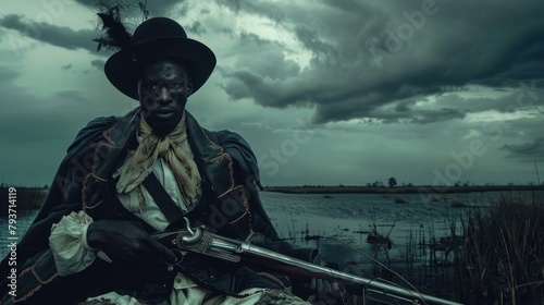 A pensive man in vintage clothing sits in a marsh with a rifle, under stormy skies, eliciting a sense of foreboding