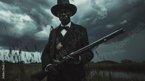 The threatening sky and a man with a rifle combine for a dramatic, historical-themed image
