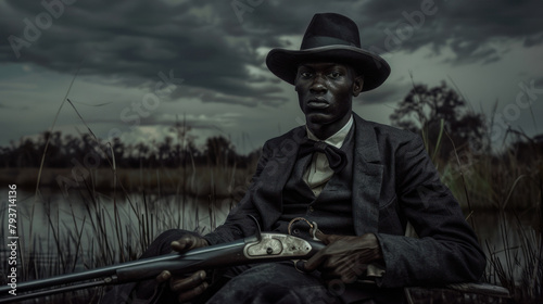 A dramatic portrayal of a man in vintage attire holding a shotgun, set against an ominous swampy backdrop