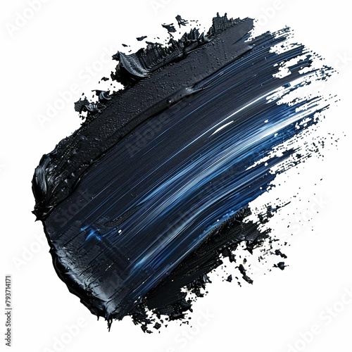 A dynamic black paint streak with blue highlights across a white canvas, showcasing the mixture of colors and brush textures