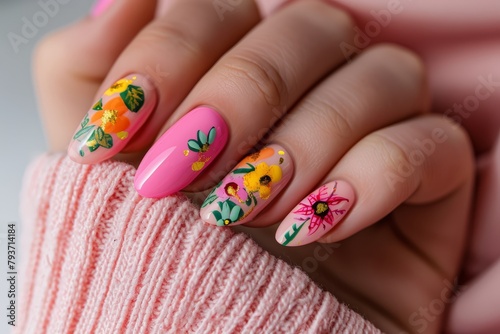 set of spring nails with colorful flowers  painted on, fruit design,  colorful, bright background, hands close up manicure
