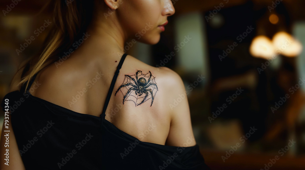 jeune femme vue de dos avec une araignée tatouée sur la peau
