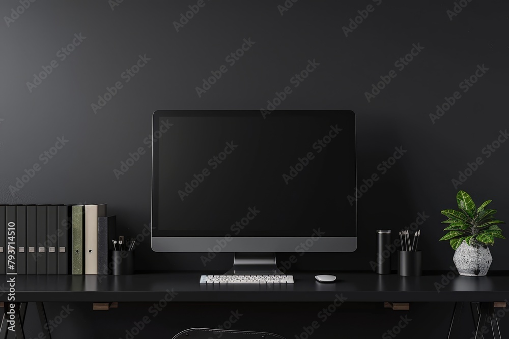 Minimalist home office with grey desk, computer and grey books on deep black wall background. Home interior design of modern work space Minimalist home office with grey desk, computer and grey books on deep black wall background. Home interior design of modern work space
