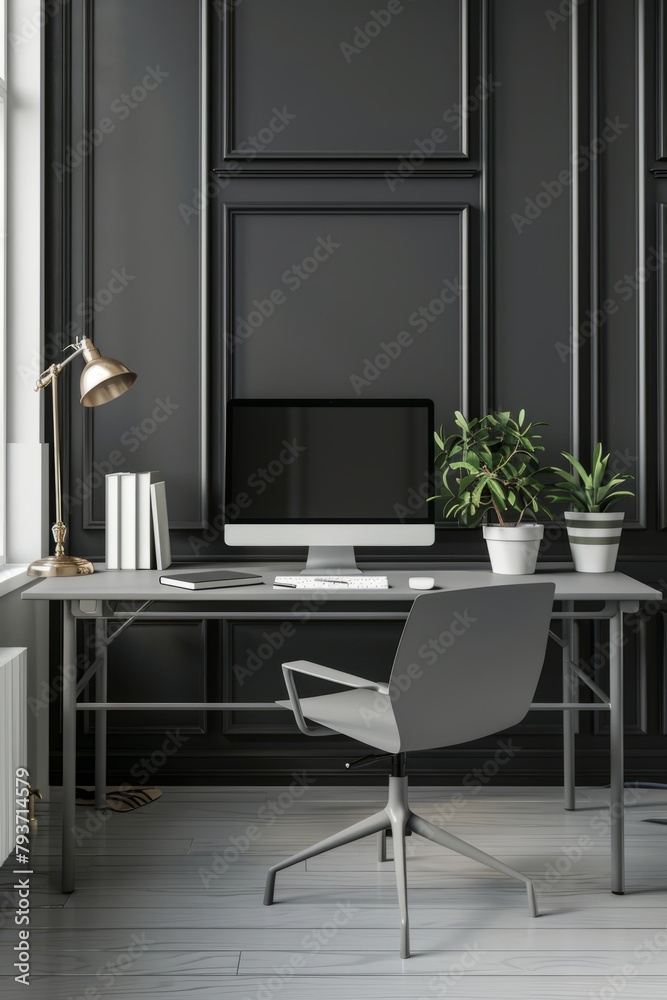 Minimalist home office with grey desk, computer and grey books on light black wall background. Home interior design of modern work space Minimalist home office with grey desk, computer and grey books on light black wall background. Home interior design of modern work space
