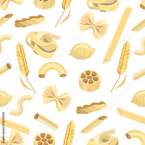 Seamless pattern of pasta and ears of wheat on a white background.Vector pattern for pasta packaging, restaurant menus, textiles.