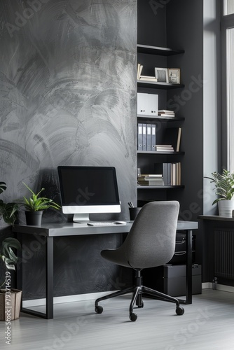 Minimalist home office with grey desk, computer and grey books on light black wall background. Home interior design of modern work space 