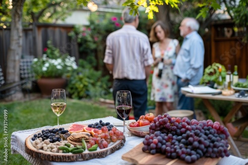 A vibrant summer garden party scene capturing friends interacting with a foreground of wine glasses and a platter full of fresh fruits and snacks.
