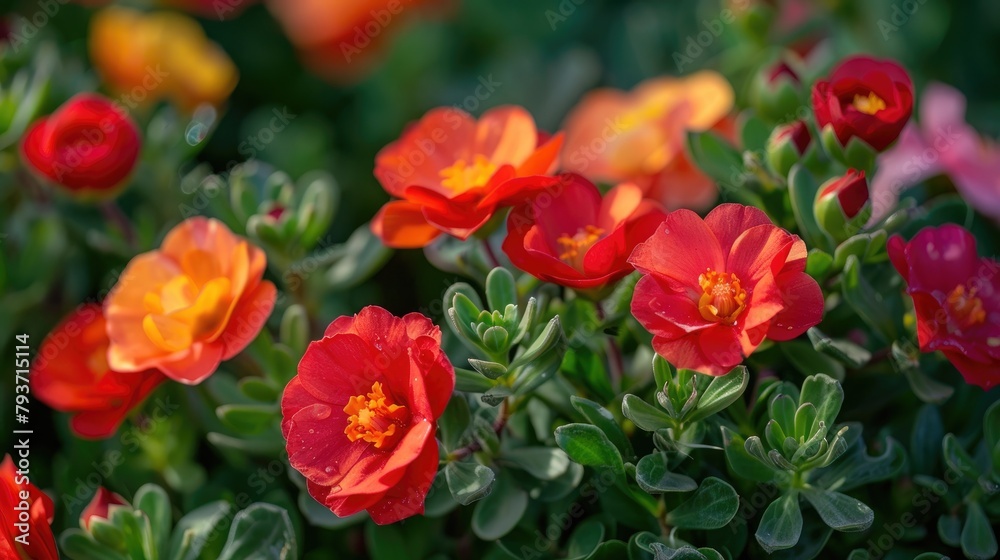 Different shades of red portulaca flowers blooming in the garden