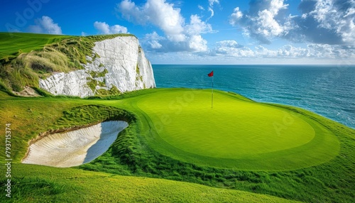 Picturesque golf course on white cliffs with iconic rock arches overlooking the tranquil blue sea