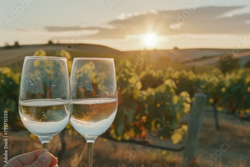 Two wine glasses filled with white wine held against a sunlit vineyard backdrop during sunset, showcasing a romantic or celebratory moment.